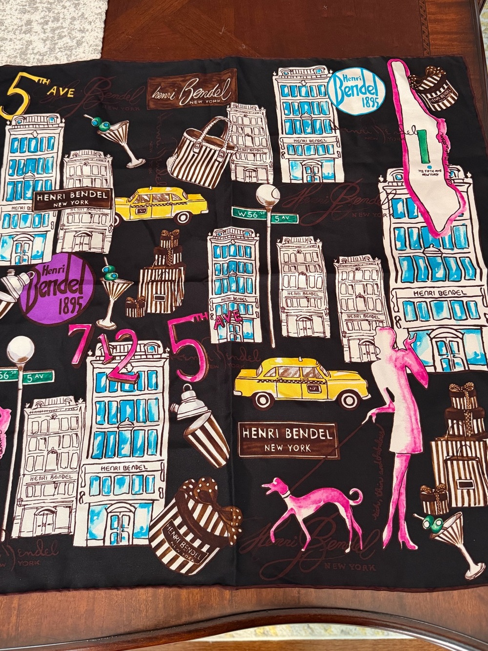 Henri Bendel Black Multicolor New York Manhattan Print Silk Scarf 21 In.²